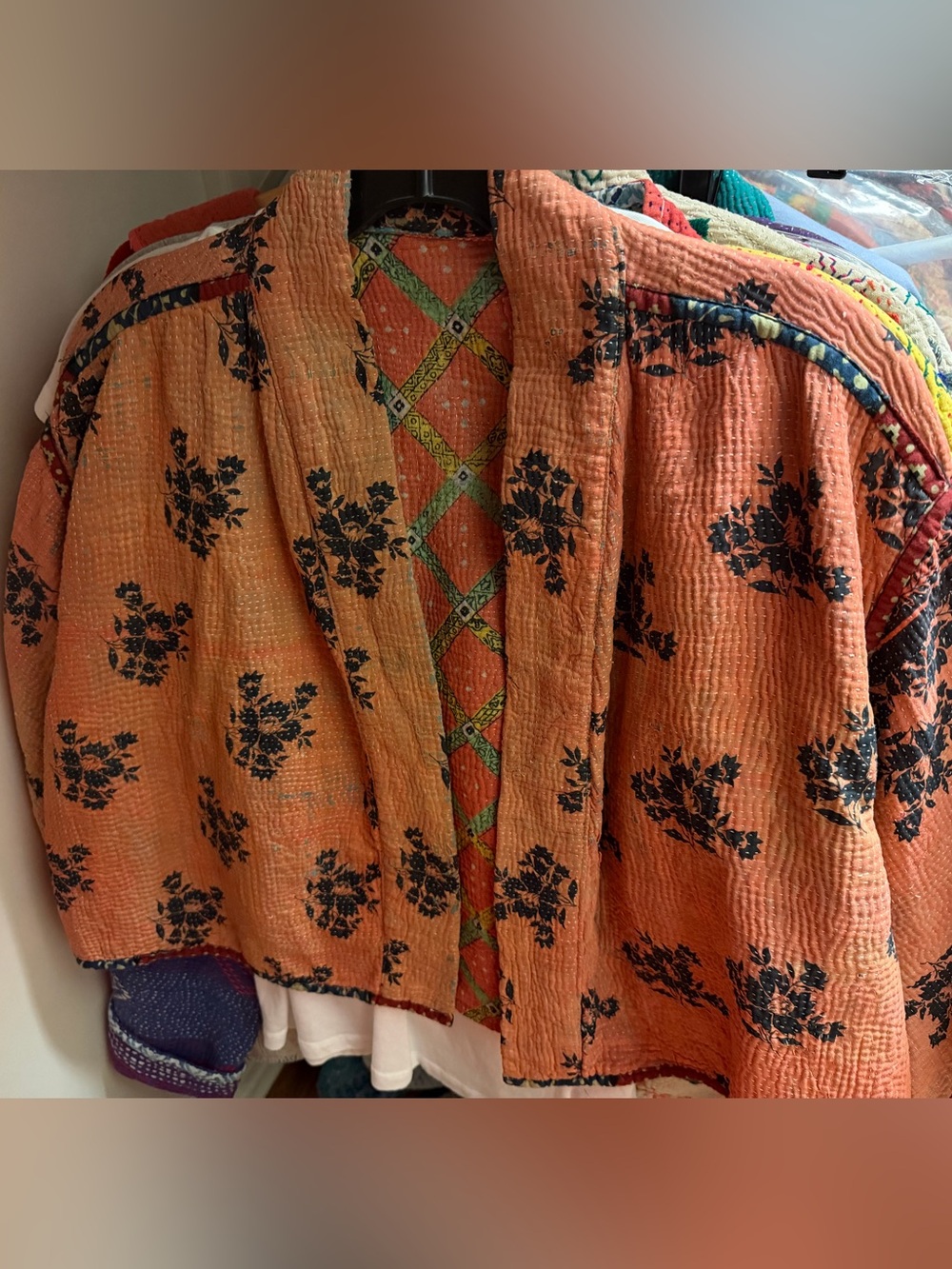 Sapeyka Women's Orange Quilted Floral short sleeve crop Jacket